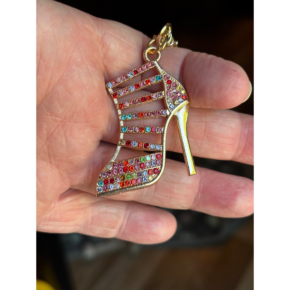 Gold High Heel Stiletto Keychain Multi Color Rhinestone Shoe Bag Charm Crystal